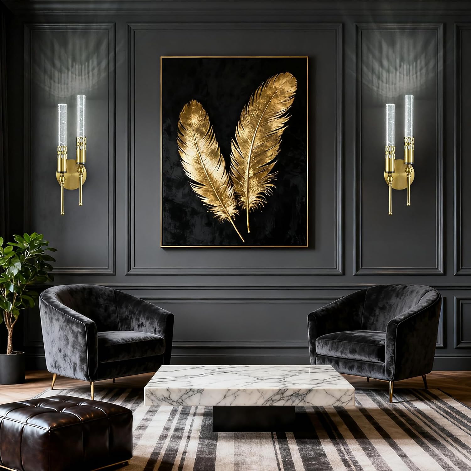 Modern Wall Sconces Set of Two 6000K Crystal Sconces Wall Lighting Vintage Black Gold Wall Mounted Lamp for Bedroom Living Room Hallway Bathroom Vanity Light Fixture