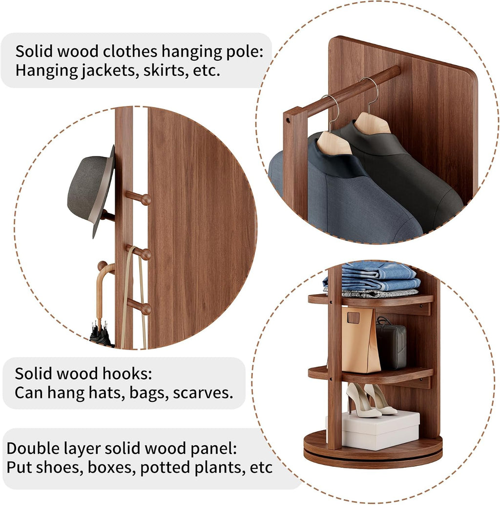 CHANCEE 360° Rotating Mirror Coat Rack, Solid Wood Standing Mirror with Storage Hooks and Shelves, Space-Saving Multifunctional Organizer for Bedroom, Living Room, or Cloakroom (Walnut)