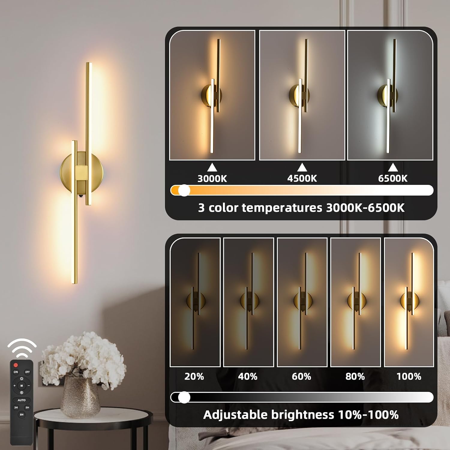 Battery Operated Wall Sconce Set of 2,Gold 23.6' 3000K-6500K LED Dimmable Wall Sconces with Remote Control,Wireless Wall Light USB Rechargeable for Bedroom Hallway Living Room Background Wall Lighting