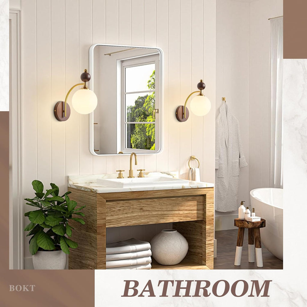 BOKT Wall Sconces Set of Two Hard Wired Vintage Gold and White Lampshade Light Fixtures Dining Room Glass Sconces Set of 2 Beside Wall Mounted Lamp for Kitchen Hallway