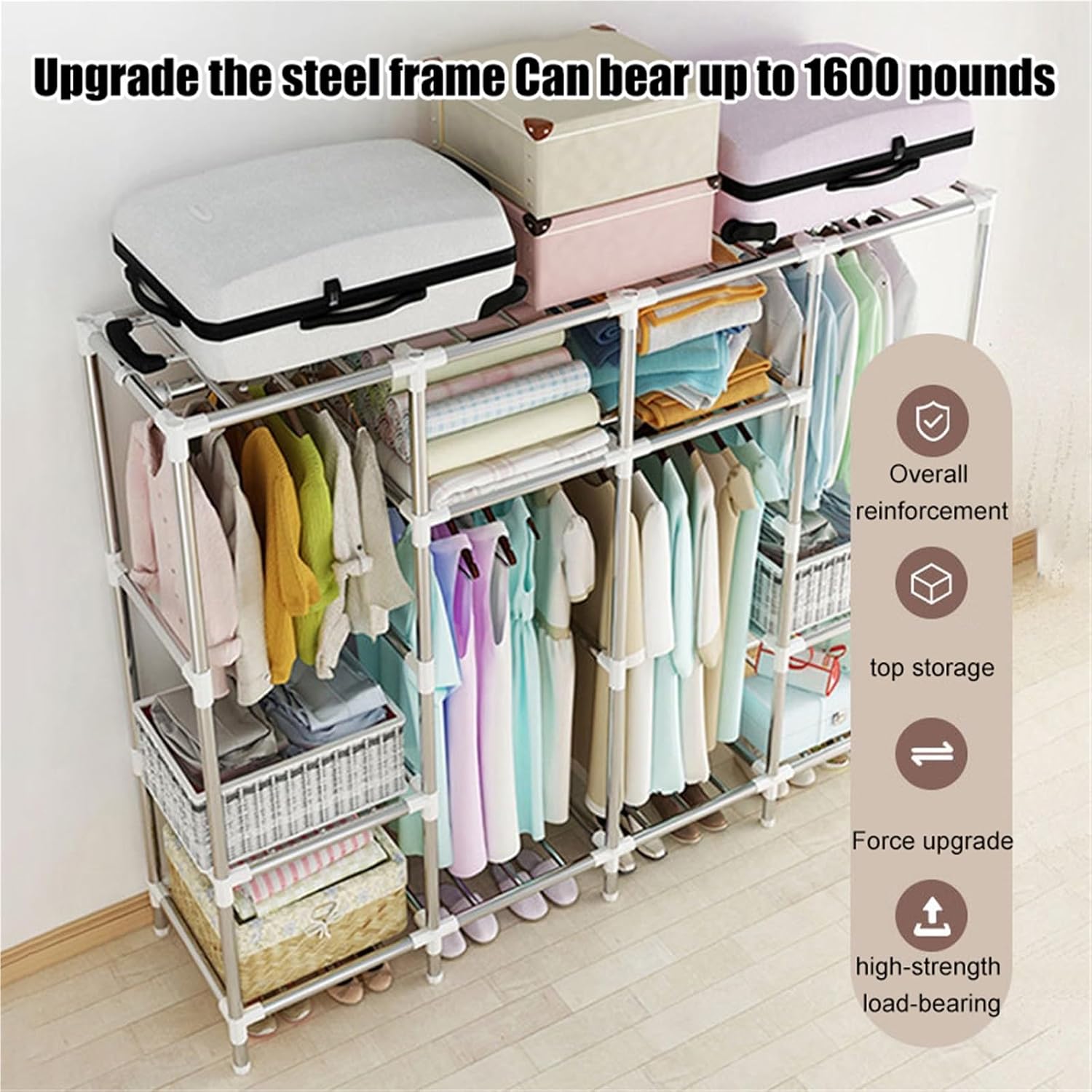 Portable Closets,Covered Clothing Racks For Hanging Clothes, Freestanding Portable Closet,Wardrobe Closet Heavy Duty Garment Rack,Extra Large Clothes Rack With Cover(Beige 2,145cm)