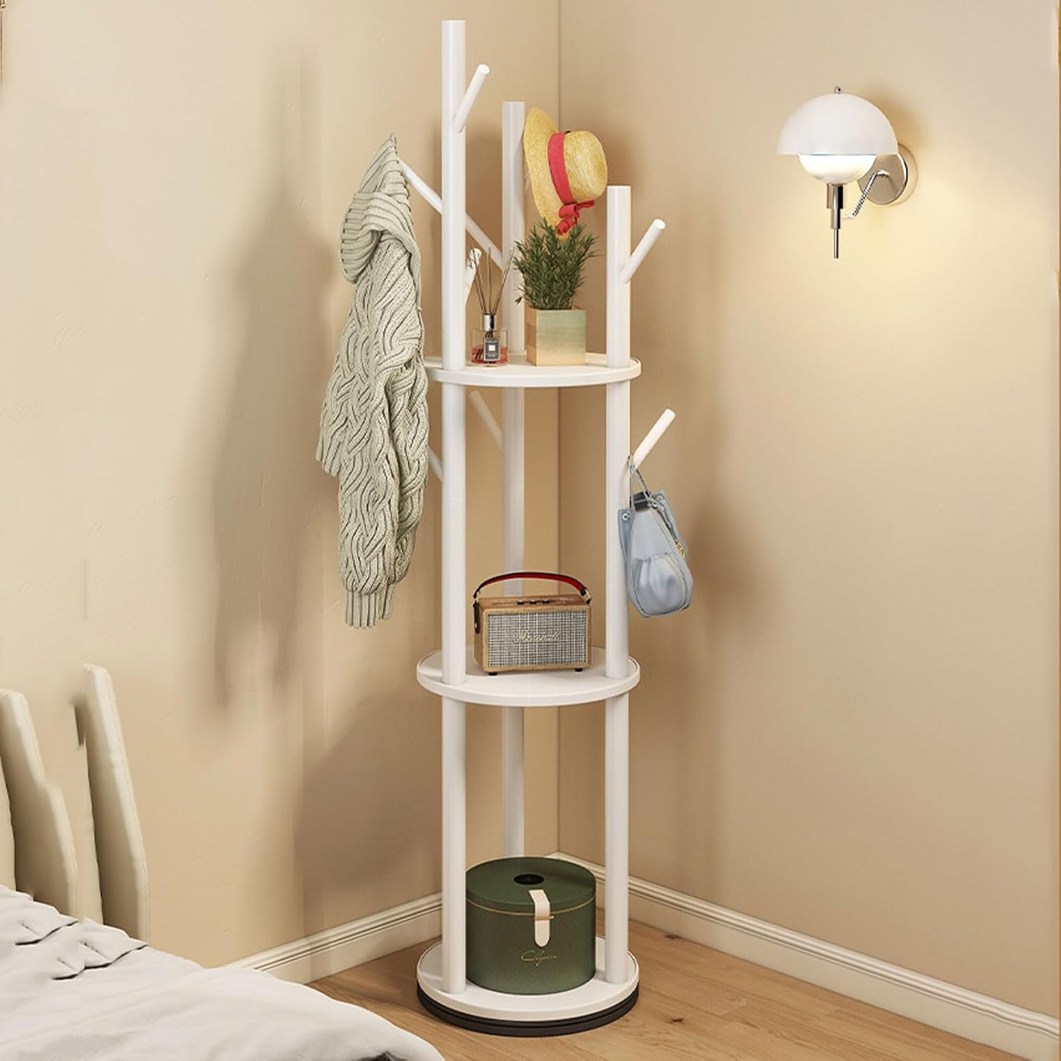 Bamboo Clothing Rack Corner Coat Rack with Hanger Hooks and 3-Tier Storage Shelves, Stand Hall Trees Free Standing Clothes Hanging Rail Garment Rack for Entryway Bedroom Living Room