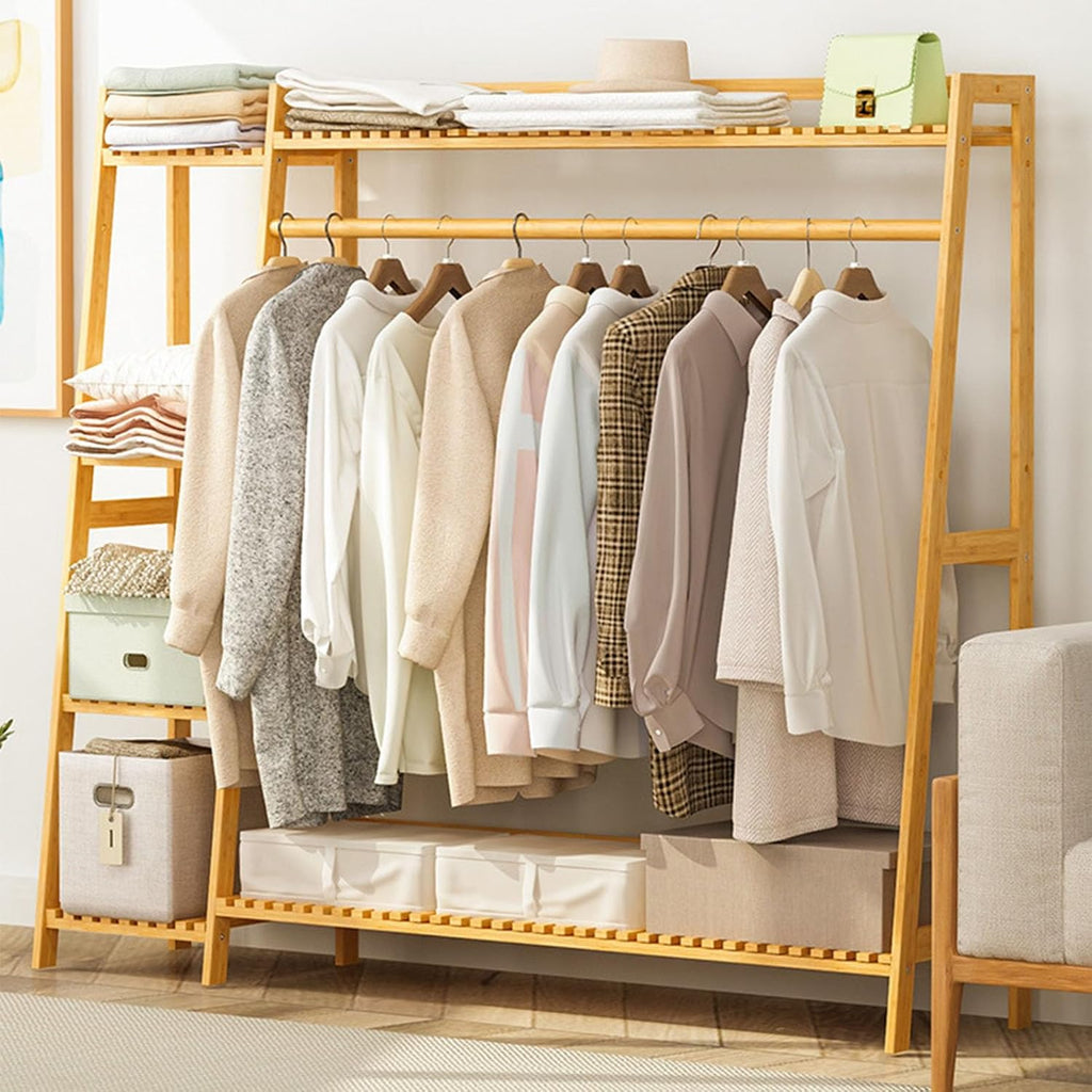 Bamboo Clothing Garment Rack, 4 Tier Storage Shelf Coat Clothes Hanging Rack Portable Wardrobe Closet Organizer with Top Shelf Shoe Storage Shelves for Hallway Entryway Coat Hanger Stand