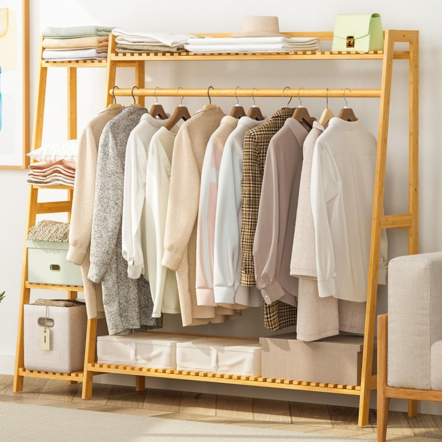 Bamboo Clothing Garment Rack, 4 Tier Storage Shelf Coat Clothes Hanging Rack Portable Wardrobe Closet Organizer with Top Shelf Shoe Storage Shelves for Hallway Entryway Coat Hanger Stand