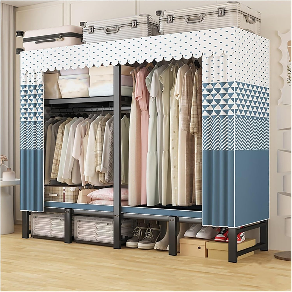 Wardrobe Closet With Cover, Foldable Garment Rack For Hanging Clothes, Metal Freestanding Clothing Rack, Coat Storage Organizer With Rods, For Bedroom, Dorm(Blue2,147cm/57.9inch)