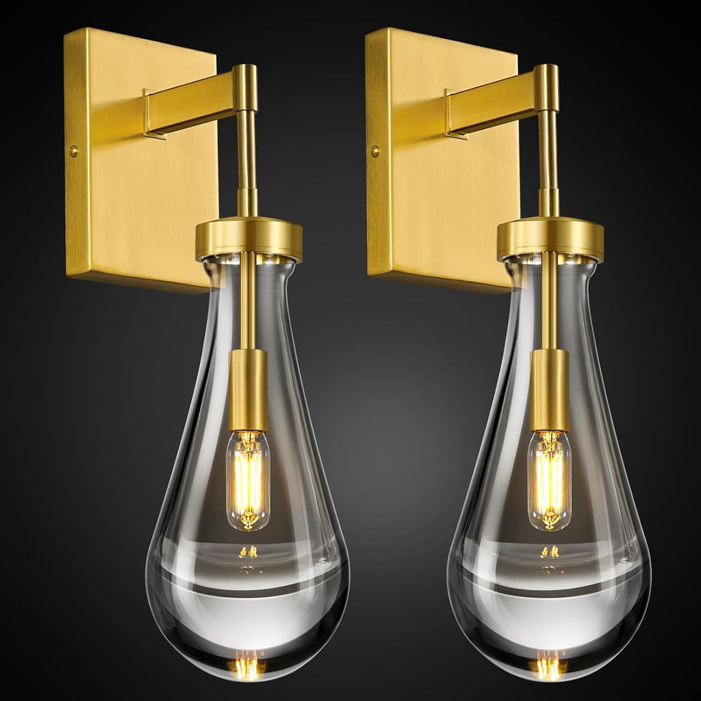 Raindrop Wall Sconces Set of Two Gold Sconces Wall Decor Modern Wall Lighting Glass Bathroom Sconces Indoor Vanity Light Wall Lamp for Bedroom Living Room Stair