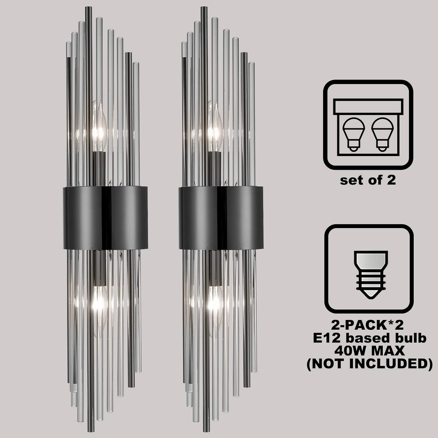 2-Light Modern Wall Sconce Titanium Black Metal with Clear Class Crystal Vanity Wall Sconce Lighting for Bedroom Living Room Bathroom Light Fixtures Set of 2