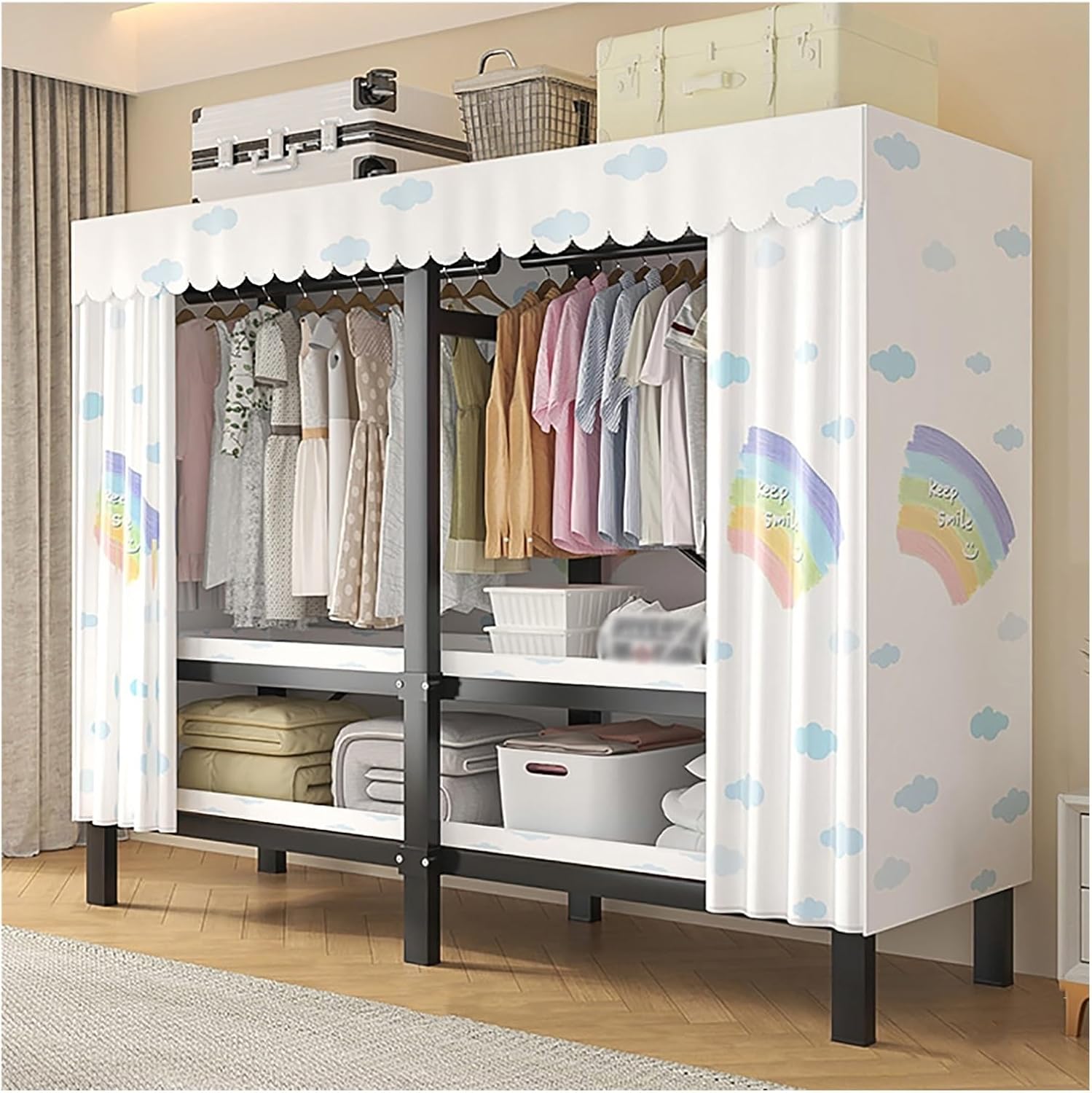 Foldable Clothe Rack with Cover, Portable Wardrobe Closet for Bedroom, Garment Rack for Hanging Clothes, Organizer Storage Closet for Bedroom(White2,127cm/50inch)