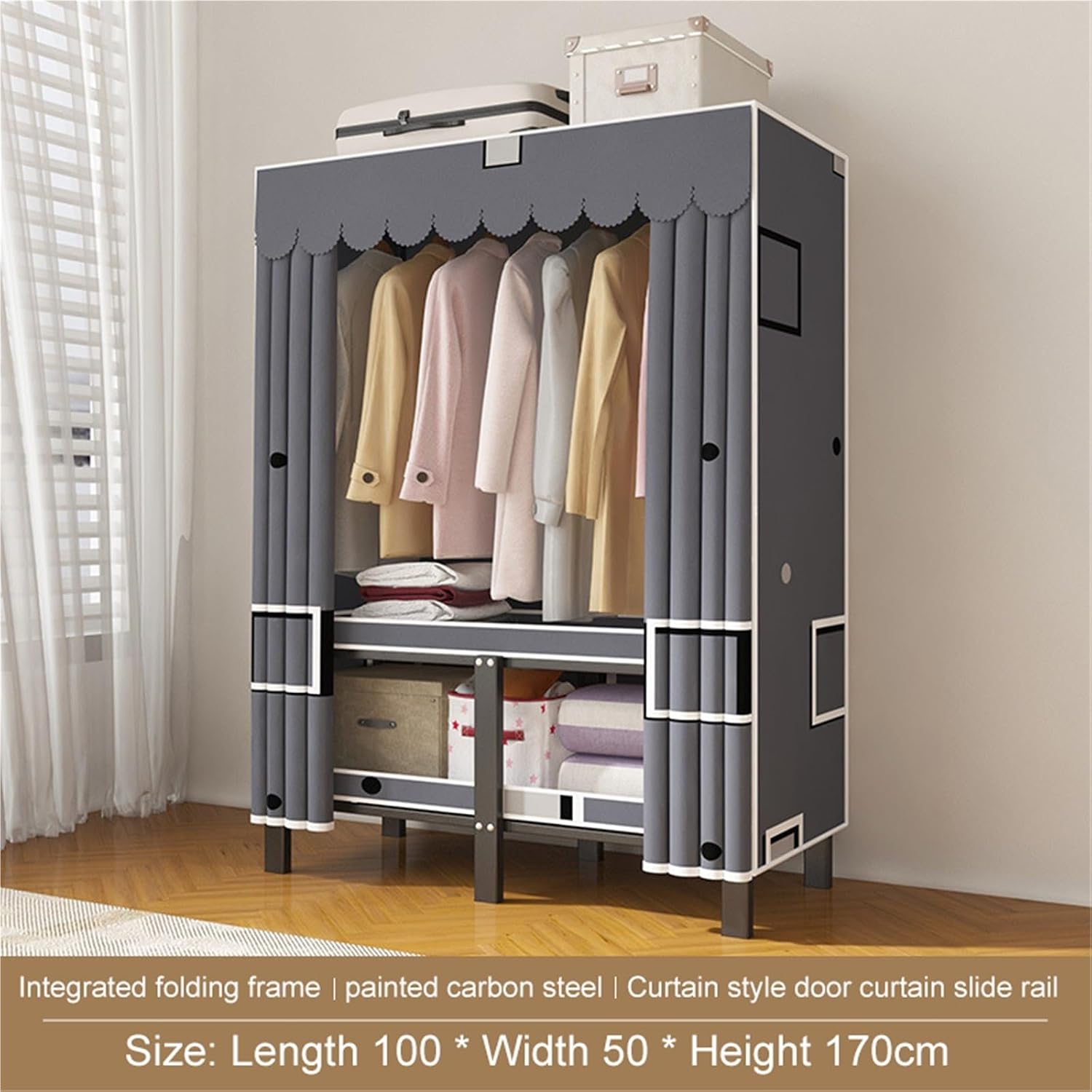 Portable Wardrobe Closet Rack, Foldable Garment Rack With Cover,For Hanging Clothes For Bedroom(100 * 50 * 170CM)