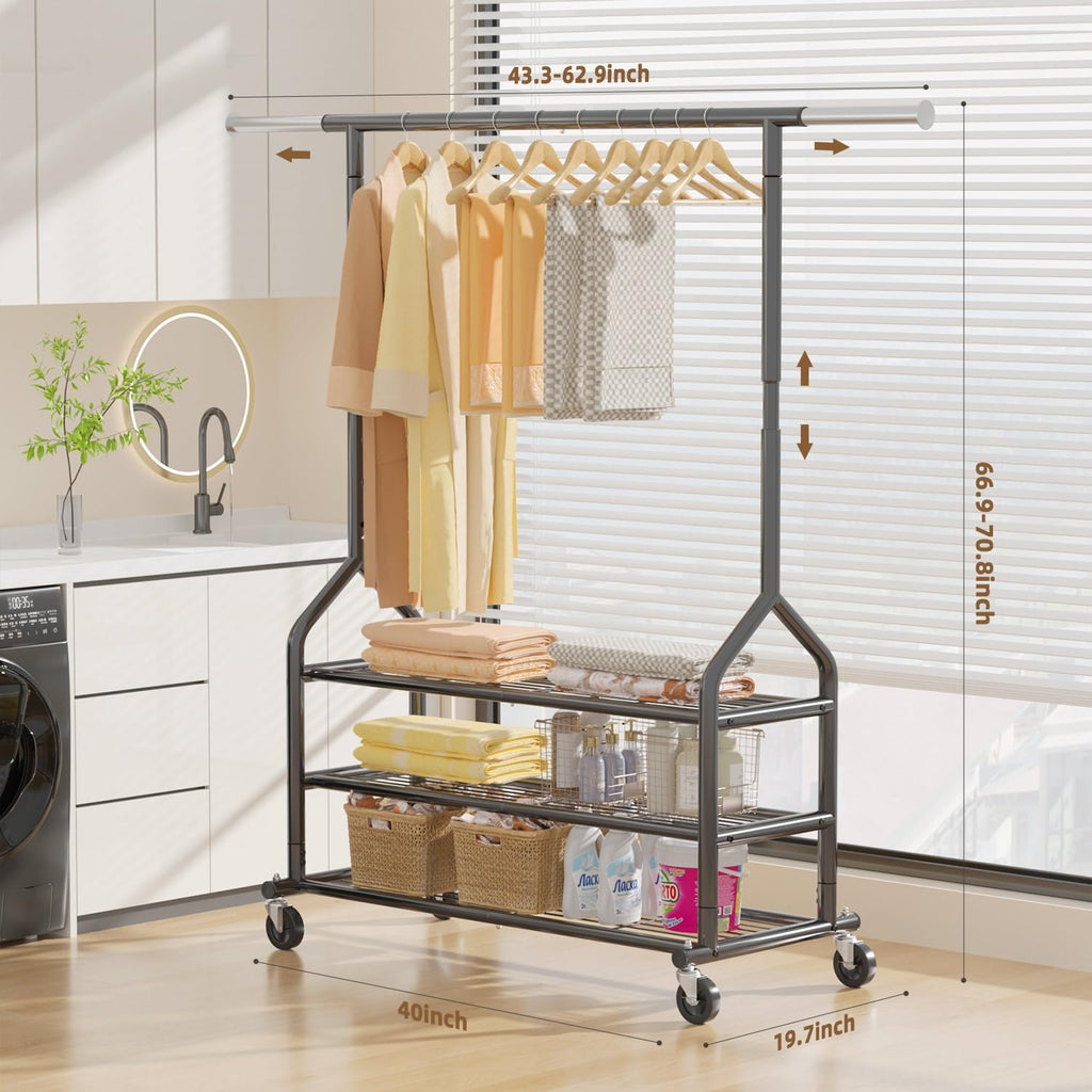 EAGMAK Heavy Duty Clothes Rack Load 556 LBS, Rolling Clothing Rack With 3 Shelves, Adjustable Metal Clothes Hanger with Wheels, Portable Wardrobe Organizer Garment Rod for Hanging Clothes (Black)