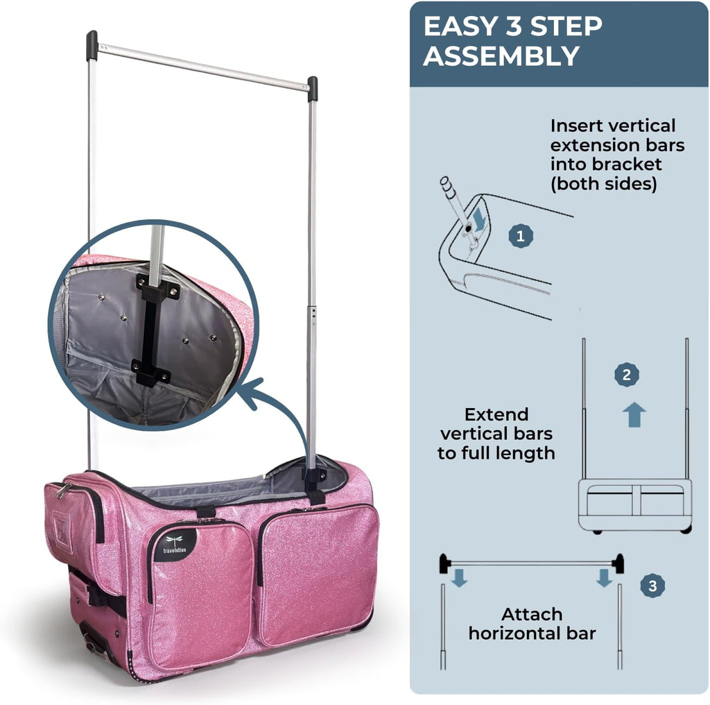 Travolution NEW Glittering Dance Bag with Garment Rack, 23 Inch Rolling Duffel With Wheels, Ideal for Competitions & Travel, Easy-assembly Lightweight Aluminum Clothes Rack (Glitter Blue)