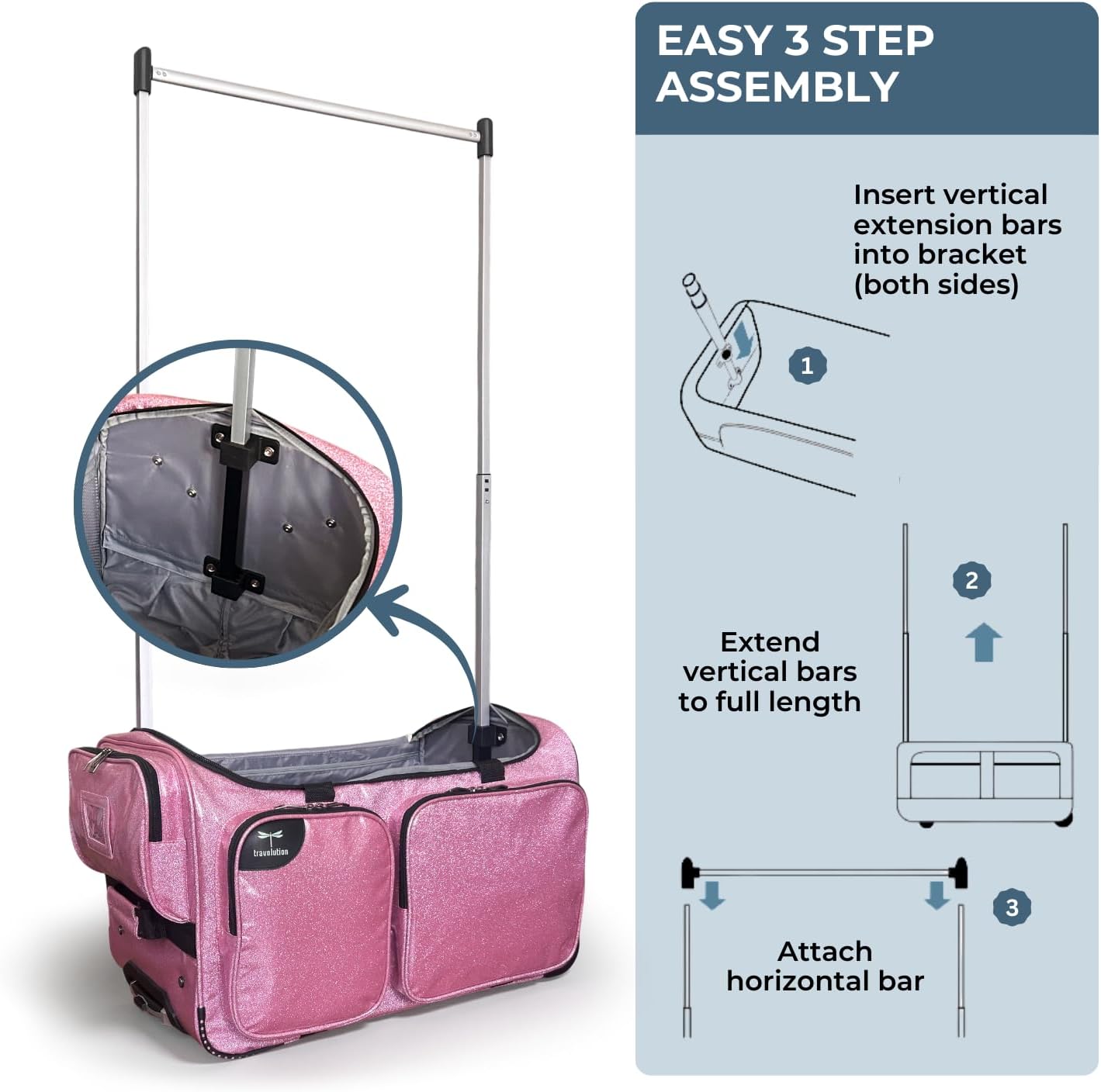 Travolution NEW Glittering Dance Bag with Garment Rack, 23 Inch Rolling Duffel With Wheels, Ideal for Competitions & Travel, Easy-assembly Lightweight Aluminum Clothes Rack (Glitter Pink)