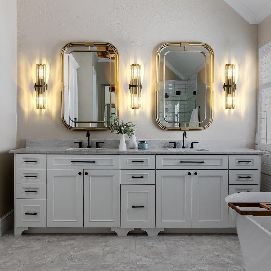 Crystal Wall Sconce Set of 2, Gold Crystal Bathroom Wall Light, Modern Sconces Wall Decor 2-Light Luxury Indoor Wall Lamp 15.7-Inch for Living Room, Hallway, Mirror, Bathroom, Vanity E26