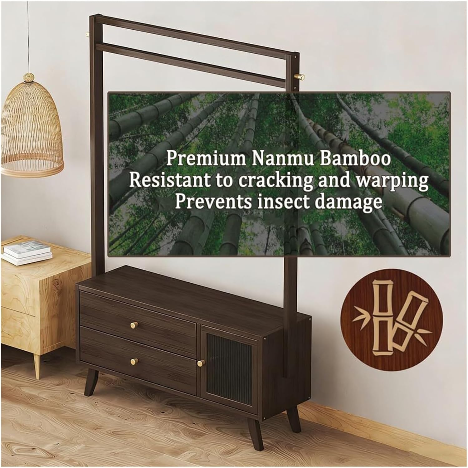 Multi-Functional Bamboo Hanging Rack with 2-Tier Drawers and Acrylic Door - Heavy Duty Clothes Organizer for Home Entryway, Bedroom, and Living Room(104cm)