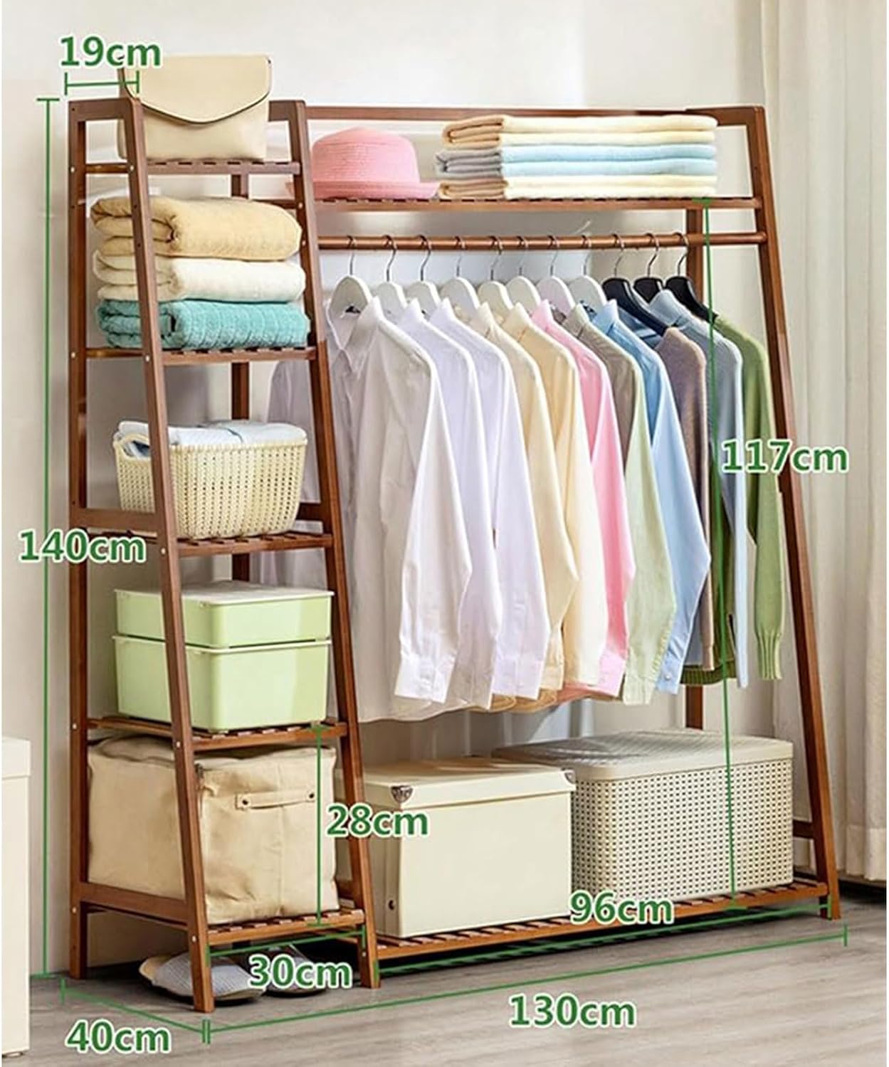 Bamboo Clothing Garment Rack Free Standing Clothes Coat Hanger Closet Organizer Multi-tiered Wardrobe Storage Shelves,Clothes Hanging Racks for Hall Living Room Bedroom Entryway,C,130cm
