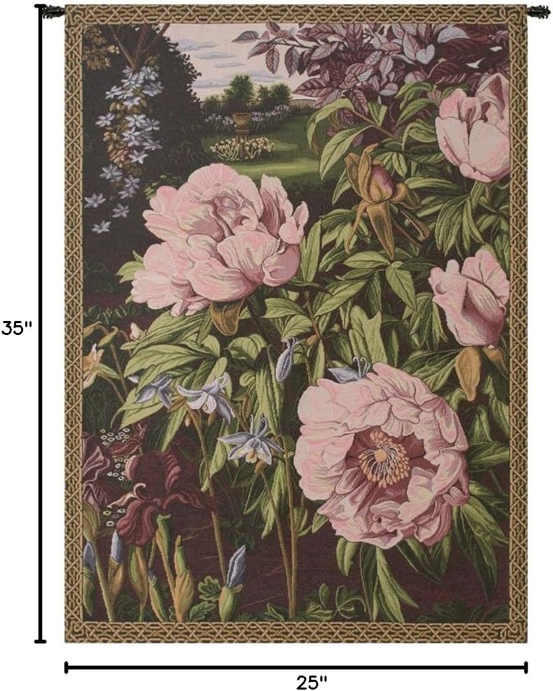 Charlotte Home Furnishings Inc. Pink Peonies Italian Tapestry Wall Hanging 35 X 25 Inch Viscose Cotton & Polyester Blend Wall Art Perfect for Home Decor & Wall Decor By Alberto Passini