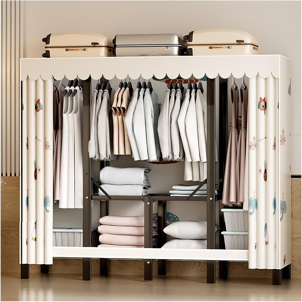 Heavy Duty Wardrobe Closet with Cover, Foldable Garment Rack for Hanging Clothes, Freestanding Covered Clothing Coat Storage Organizer, Clothes Rack with Curtain(B,160cm/63in)