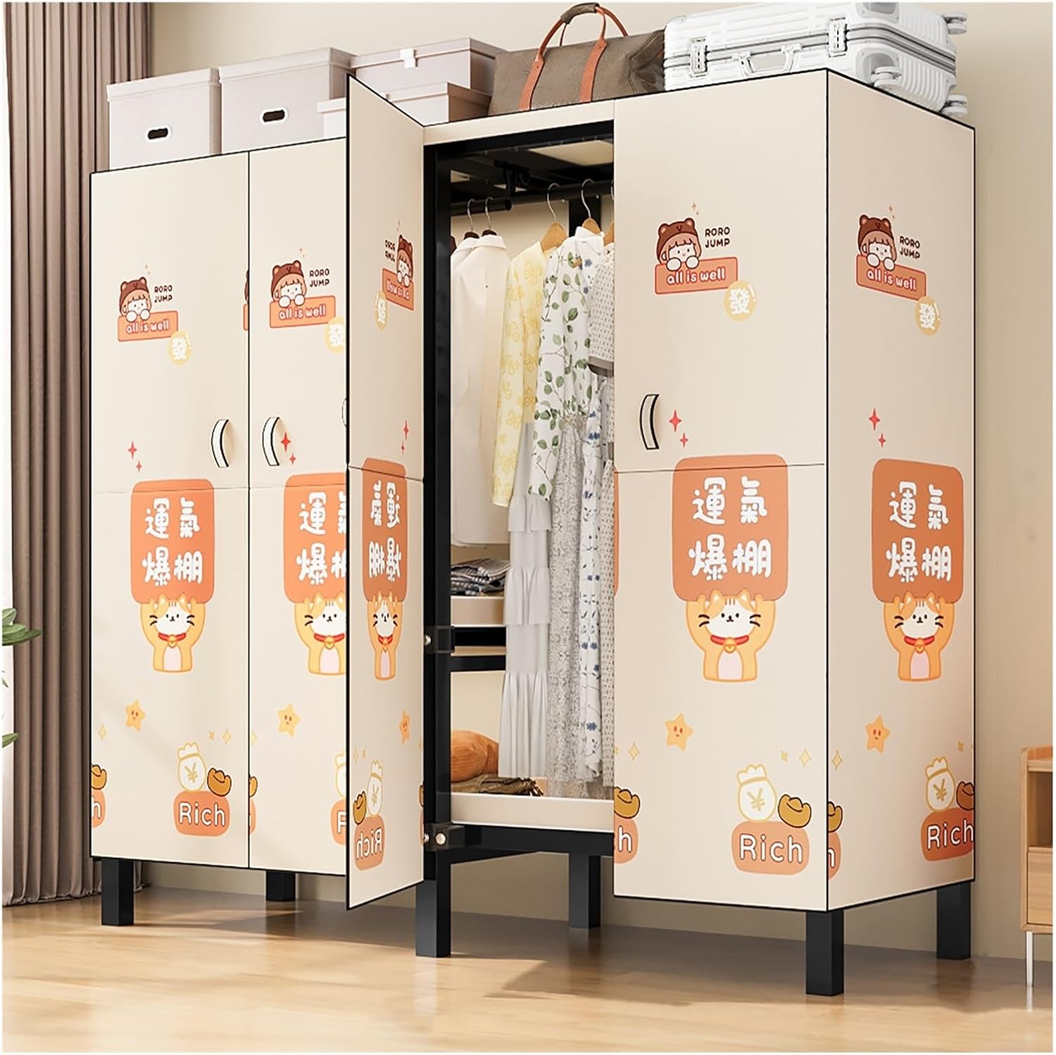 Portable Wardrobe Closet 1200LB, Foldable Clothe Rack With Cover, Garment Rack For Hanging Clothes, Clothing Coat Storage Rack, Covered With Independent Area, For Apartments(G,150cm/59.1inch)