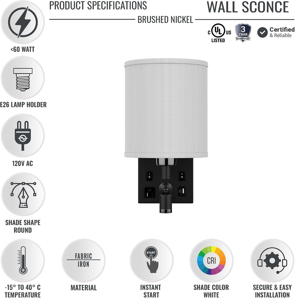 LEDMyplace 1-Light LED Wall Sconces, Indoor Wall Lamps for Living Room with USB Ports and Outlet, E26 Base, 120V, Iron Body, White Fabric Shade, Brushed Nickel Finish, Sconces for Bedroom Set of 4,