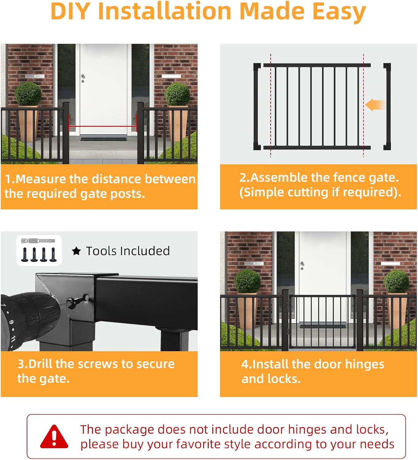 Deck Fence Gate Outdoor, 32''H Gate for 36''H Deck, Black Heavy Duty Steel Anti-Rust Door with Customizable Width (Up to 48'), Metal Gate for Residential, Yard, Patio(No Hinge)
