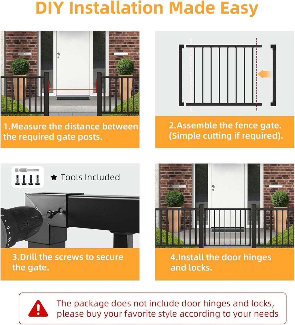 Deck Gate Outoor, 36''Hx48''W Black Heavy Duty Steel Anti-Rust Fence Door with Customizable Width, Easy Installation Metal Gate for Residential, Yard, Patio (No Hinge)