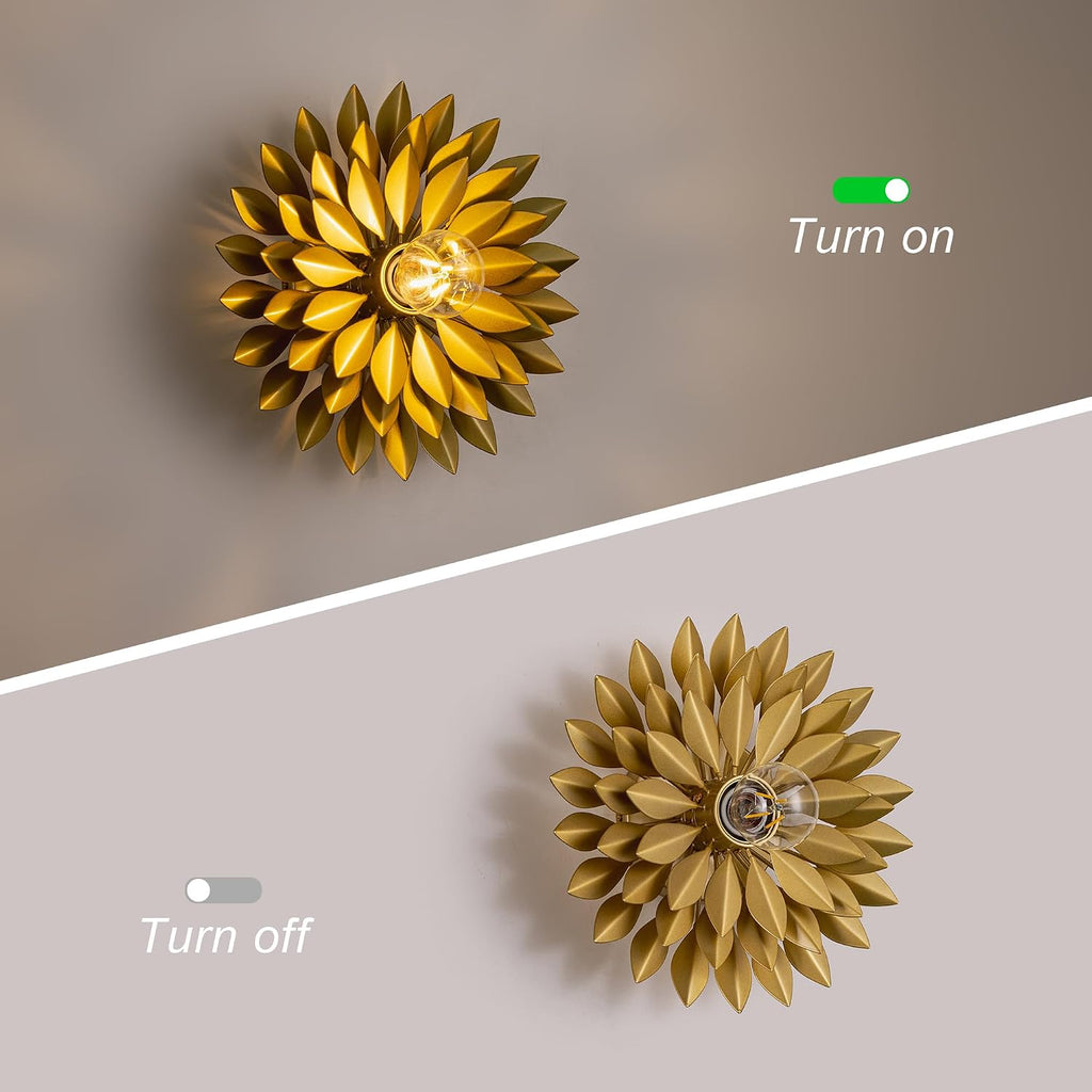 TOCHIC Vintage Wall Sconces Set of Two, Modern Farmhouse Gold Metal Leaf Wall Mounted Light Dimmable, Indoor Wall Lamp for Bedroom, Living Room, Bathroom Vanity, Hallway, Stairway 11.02'