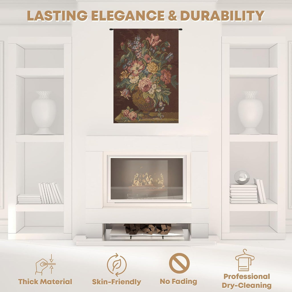 Charlotte Home Furnishings Italian Tapestry Wall Hanging 26x 18 in Vase with Flowers Brown Floral Tapestry for Bedroom Aesthetic Living Room and Home Decor European Soft Cotton Jacquard Woven