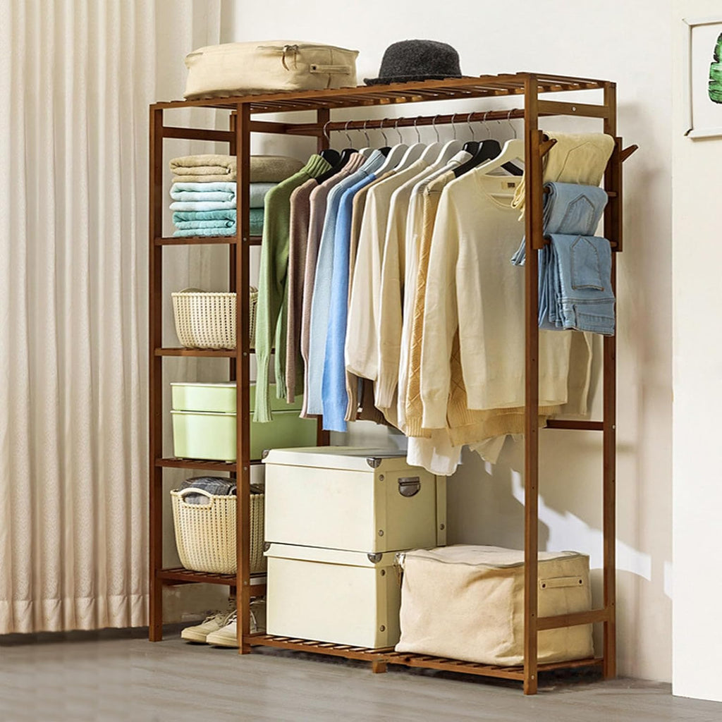 Garment Racks for Hanging Clothes - Closet System with Side Trouser Rack - Clothing Rack with 5 Tiers Shelves Bamboo Clothing Rack for Balcony,Living Room,Bedroom,Walnut,145×123cm/57×48in