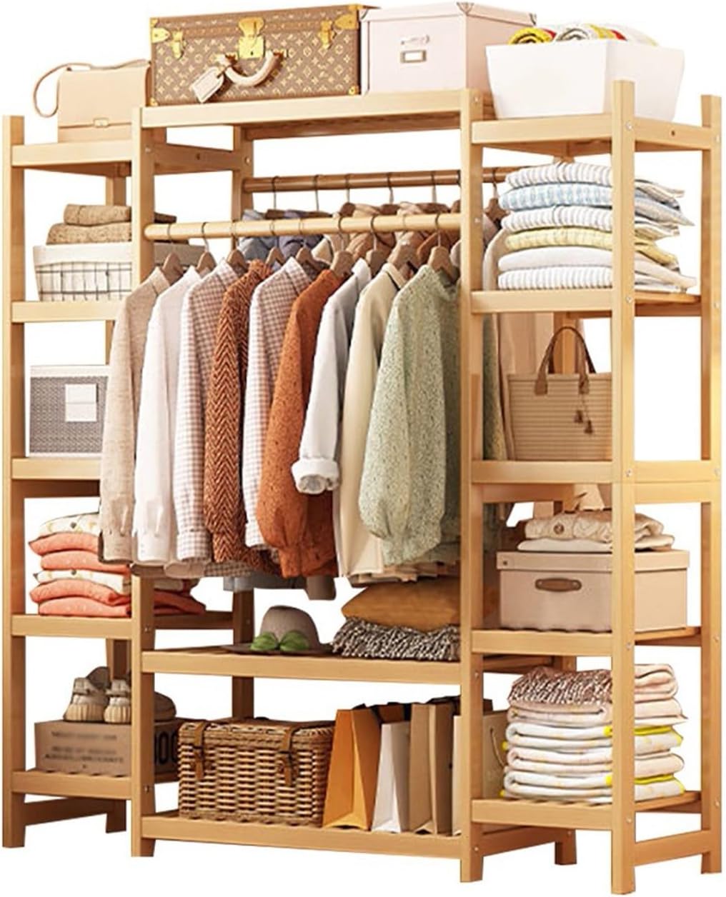 Portable Bamboo Clothes Rail with Extra Large Garment Rack 2 Hanging Rods and 11 Storage Shelves 160CM Height Ideal for Hallway Entryway Bedroom Wood Color Options Available in 110/120/130/1