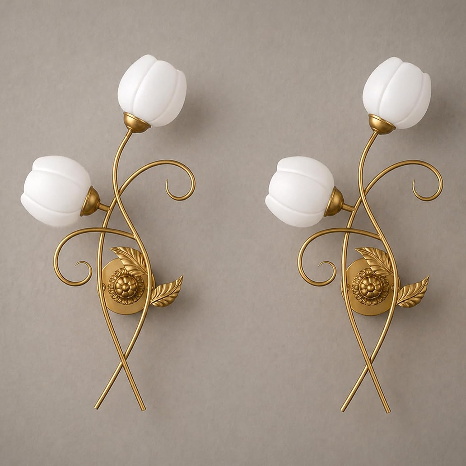 Hamilyeah Gold Wall Sconce Set of 2, Vintage Floral Wall Light with Frosted Glass Shades, E26 Base, 2-Light Decorative Wall Lamp for Living Room Bedroom Hallway Staircase
