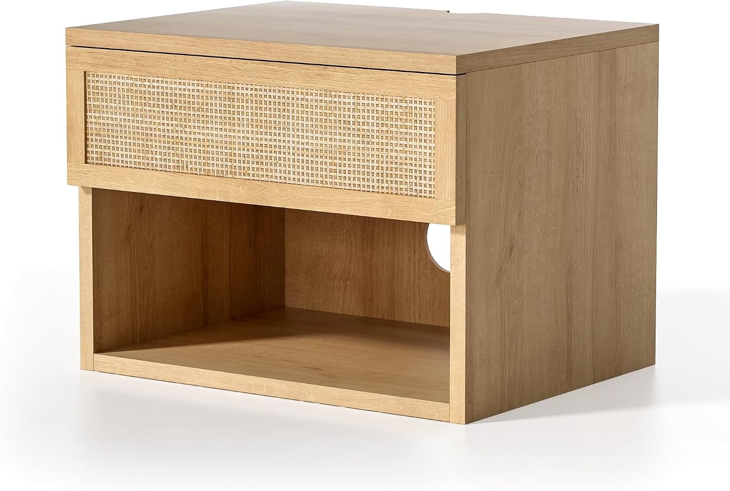 EYYTHUNG Rattan Floating Nightstands with Drawer Set of 2, Small Wall Mounted Night Stand with Open Compartment Modern Wooden Bedside Table Storage Cabinet for Bedroom, Entryway Natural Oak