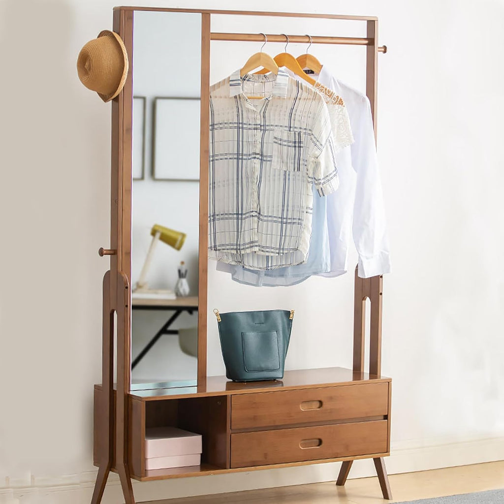 Bamboo Garment Rack Freestanding Closet Rack W/Mirror Drawer &Hooks, Freestanding Closet Organizer Clothing Rack, Coat Rack Wardrobe Closet for Bedroom, Living Room