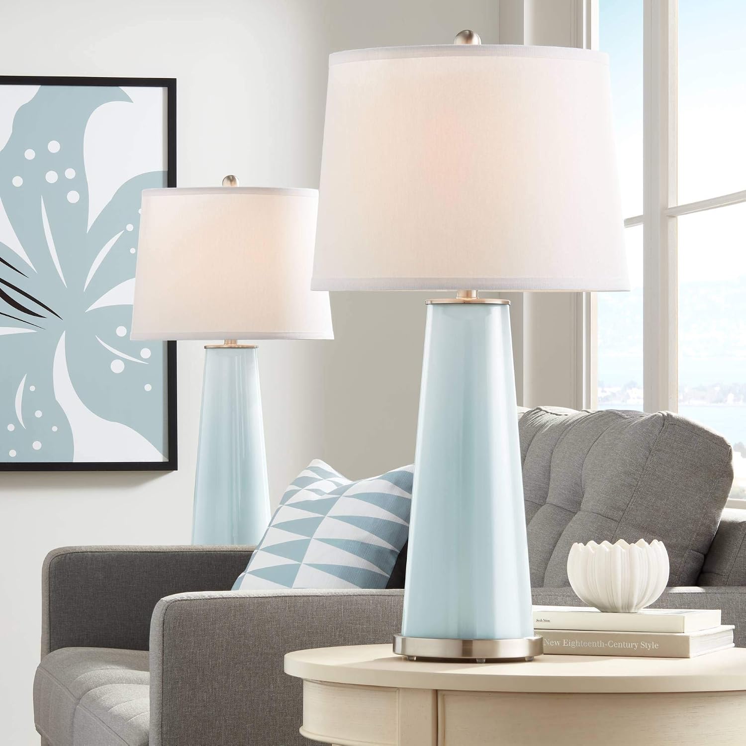 Color + Plus Leo Modern Table Lamps 29 1/2' Tall Set of 2 Rain Blue Gray Glass Tapered Column Plain White Drum Shade Decor for Bedroom Living Room House Home Bedside Nightstand Office Family