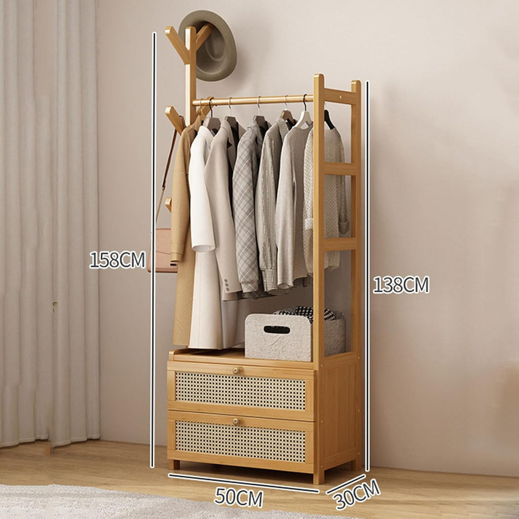 Bamboo Garment Rack Clothes Hat Rack with Storage Shelf, Hanging Rail and 2 Tier Storage Cabinet, Open Wardrobe Hanging Rail Coat Stands for Bedroom Living Room Hallway