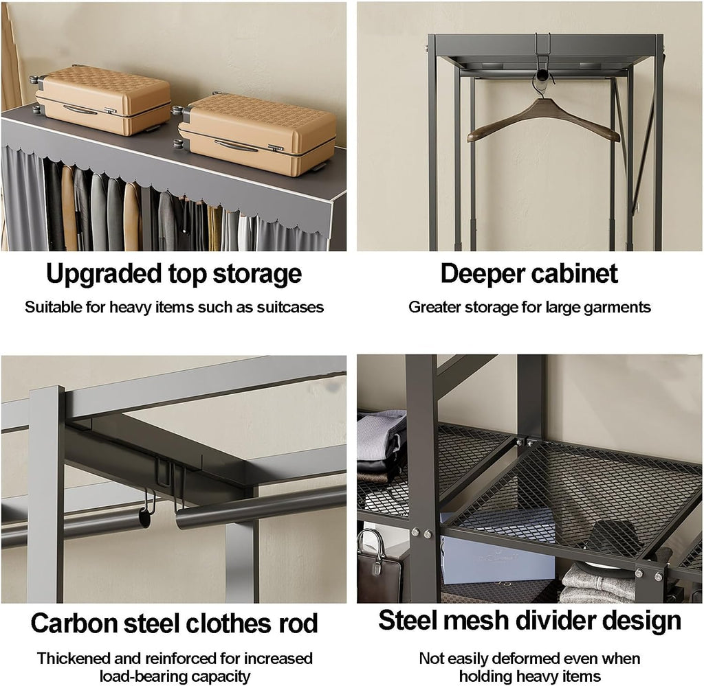 Foldable Wardrobe Closets For Hanging Clothes, Heavy-Duty Garment Rack With Cover, Folding Metal Clothing Racks, Covered Clothes Organizer Enclosed Armoires For Bedroom(A,90cm/35.4in)