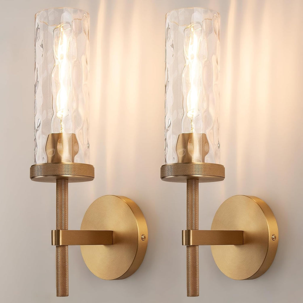 15' Knurled Brass Wall Sconces Set of 2, Gold Bathroom Vanity Light Fixtures with Water Ripples Glass Tube, Modern Lamp Lighting for Bedroom, Living Room, Hallway, Staircase, Mirror, Kitchen