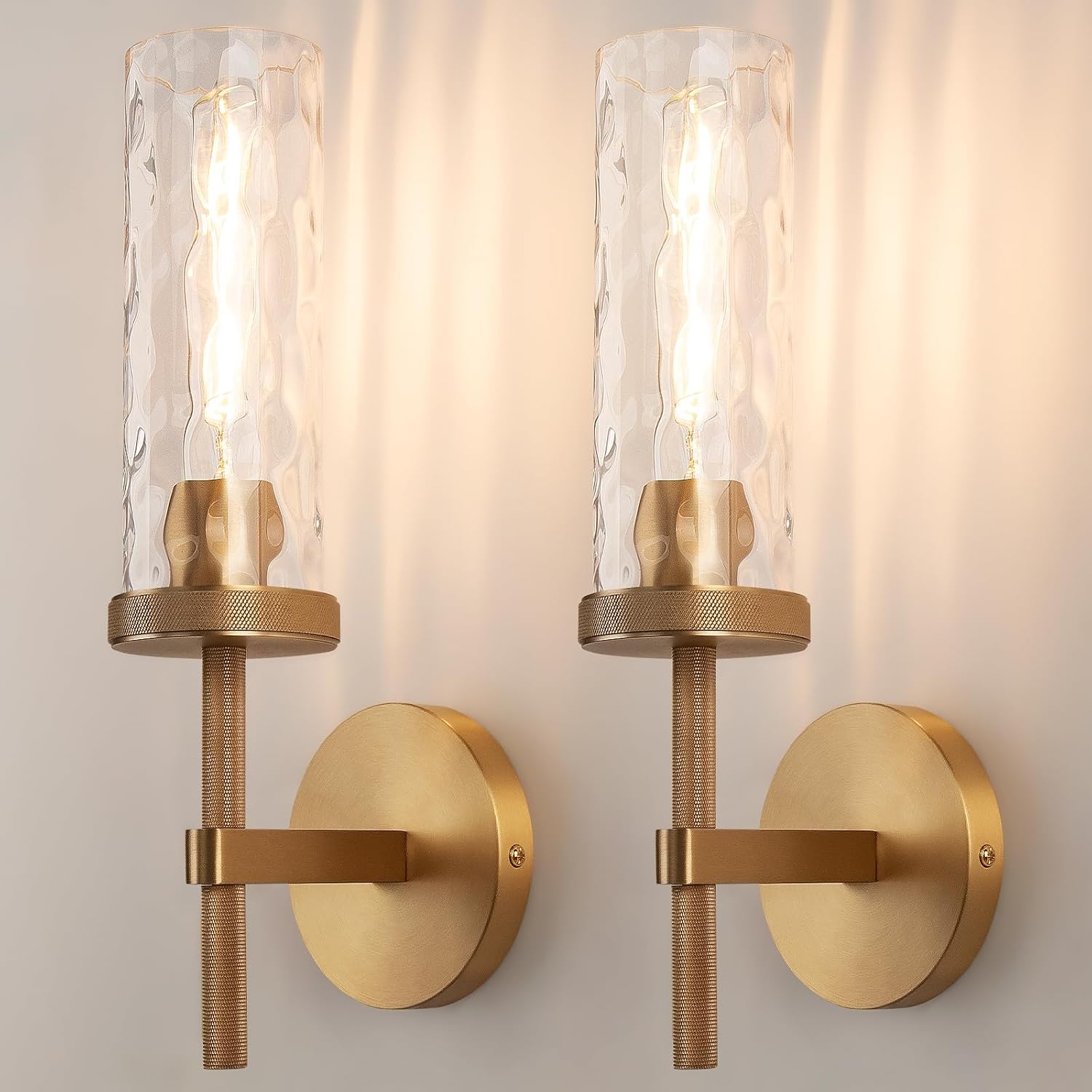 15' Knurled Brass Wall Sconces Set of 2, Gold Bathroom Vanity Light Fixtures with Water Ripples Glass Tube, Modern Lamp Lighting for Bedroom, Living Room, Hallway, Staircase, Mirror, Kitchen
