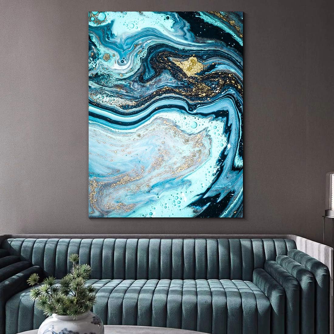 Denzoer Blue Texture and Gold Abstract Wall Art Modern Canvas Prints with Solid Wood Frame Wall Pictures for Home Decoration, Ready to Hang - 36x46 inches