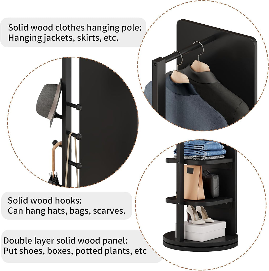CHANCEE 360° Rotating Mirror Coat Rack, Solid Wood Standing Mirror with Storage Hooks and Shelves, Space-Saving Multifunctional Organizer for Bedroom, Living Room, or Cloakroom (Black)