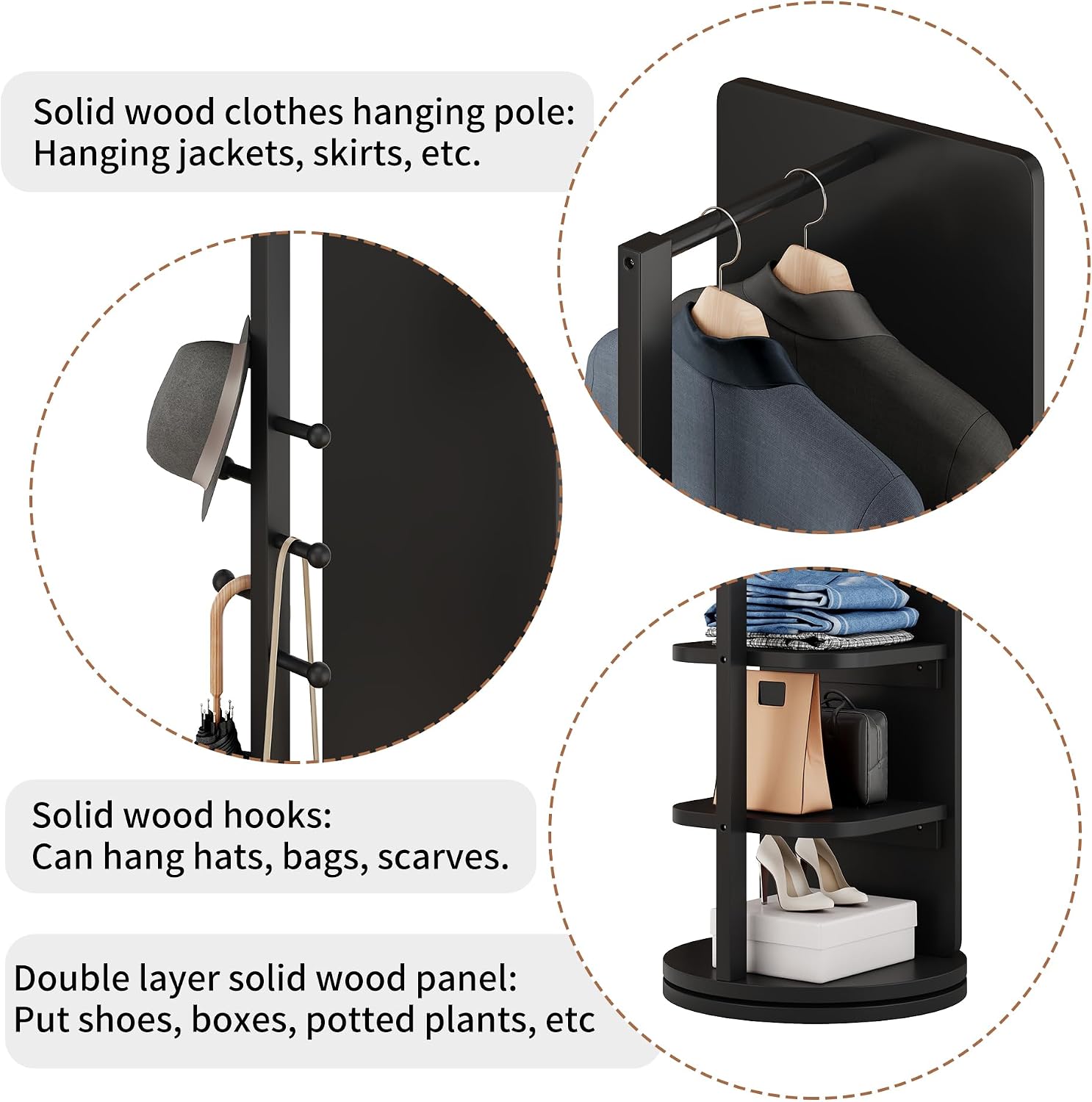 CHANCEE 360° Rotating Mirror Coat Rack, Solid Wood Standing Mirror with Storage Hooks and Shelves, Space-Saving Multifunctional Organizer for Bedroom, Living Room, or Cloakroom (Black)