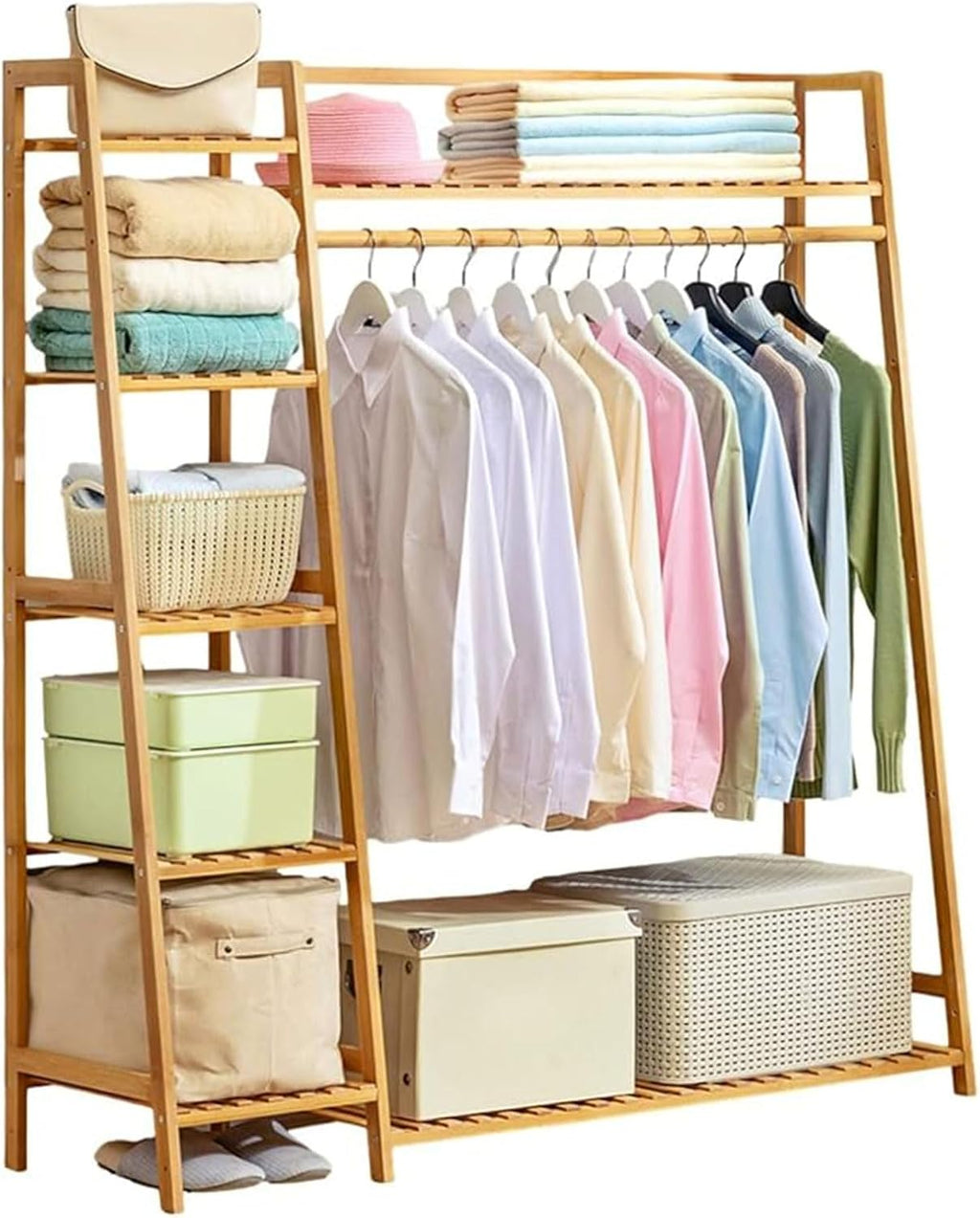 Bamboo Clothing Garment Rack Free Standing Clothes Coat Hanger Closet Organizer Multi-tiered Wardrobe Storage Shelves,Clothes Hanging Racks for Hall Living Room Bedroom Entryway,C,130cm