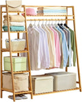 Bamboo Clothing Garment Rack Free Standing Clothes Coat Hanger Closet Organizer Multi-tiered Wardrobe Storage Shelves,Clothes Hanging Racks for Hall Living Room Bedroom Entryway,C,130cm
