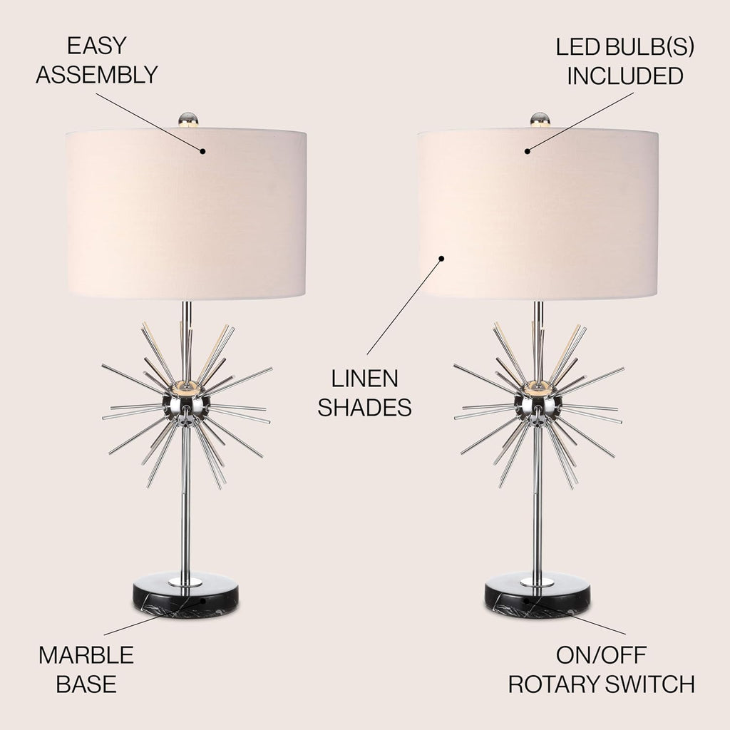 JONATHAN Y 31.5' Chrome Metal and Marble Starburst LED Table Lamp Set of 2, Mid-Century Modern Glam Lamp for Living Room Bedroom, White Linen Shade, LED Bulbs Included JYL2011A-SET2