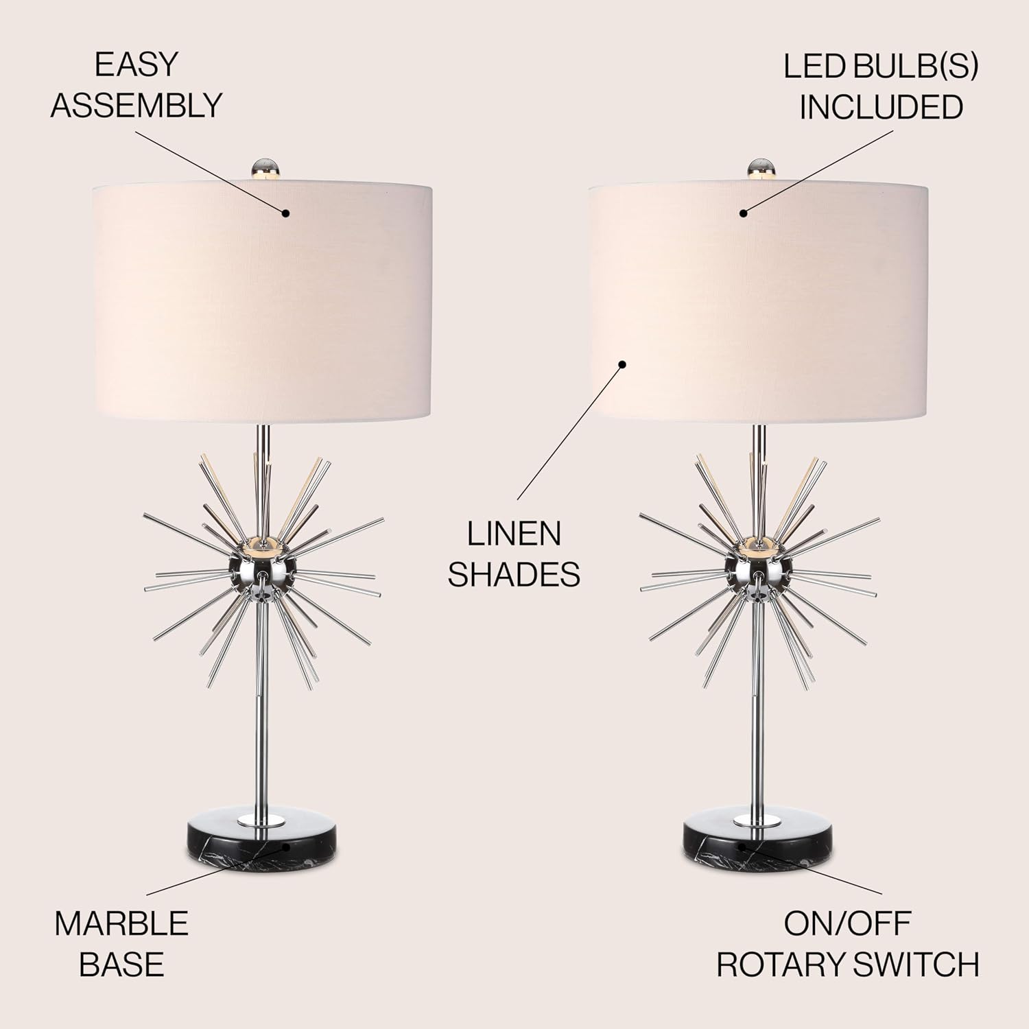 JONATHAN Y 31.5' Chrome Metal and Marble Starburst LED Table Lamp Set of 2, Mid-Century Modern Glam Lamp for Living Room Bedroom, White Linen Shade, LED Bulbs Included JYL2011A-SET2