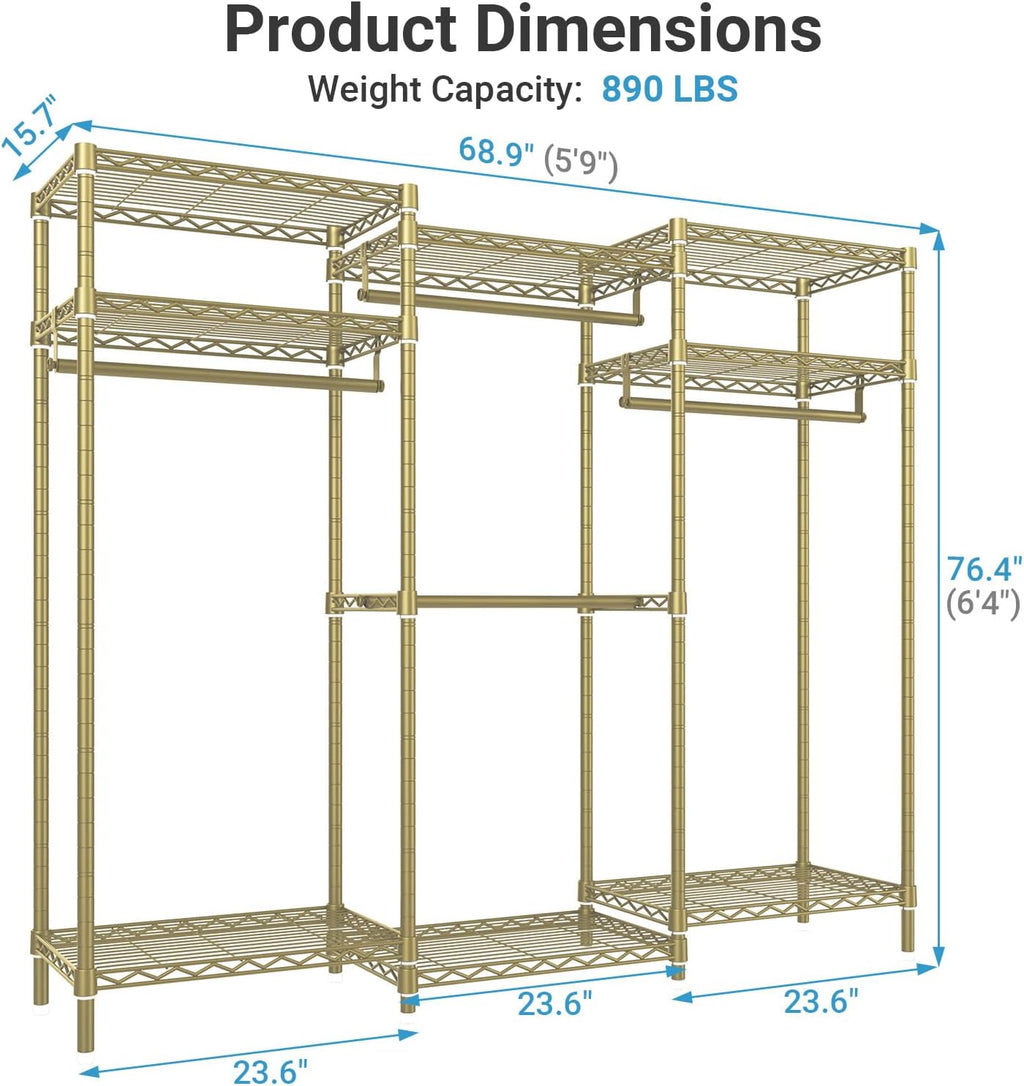 VIPEK V5i Garment Rack Heavy Duty Clothes Rack, Portable Closet Wardrobe Bedroom Armoires Freestanding Clothing Rack with 8 Adjustable Shelves & 4 Hang Rods, 68.9' L x 15.7' W x 76.4' H, Gold