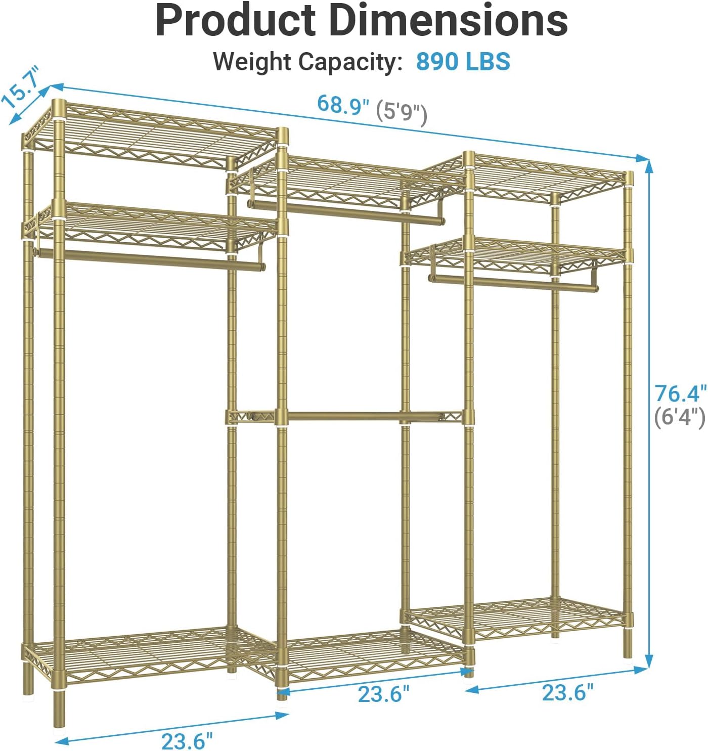 VIPEK V5i Garment Rack Heavy Duty Clothes Rack, Portable Closet Wardrobe Bedroom Armoires Freestanding Clothing Rack with 8 Adjustable Shelves & 4 Hang Rods, 68.9' L x 15.7' W x 76.4' H, Gold