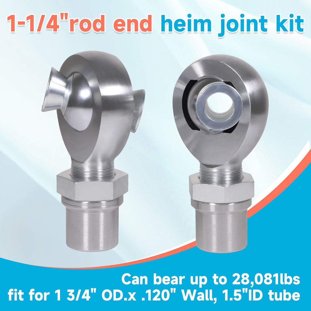 1.25' Heim Joints Rod End Kit Thread 1 1/4' Chromoly Heim Joints Suspension Kit Right and Left Hand Traction Bars Steering Kit with Round Tube Adapter Misalignment Spacer Jam Nuts (2 set-1.25 inch)