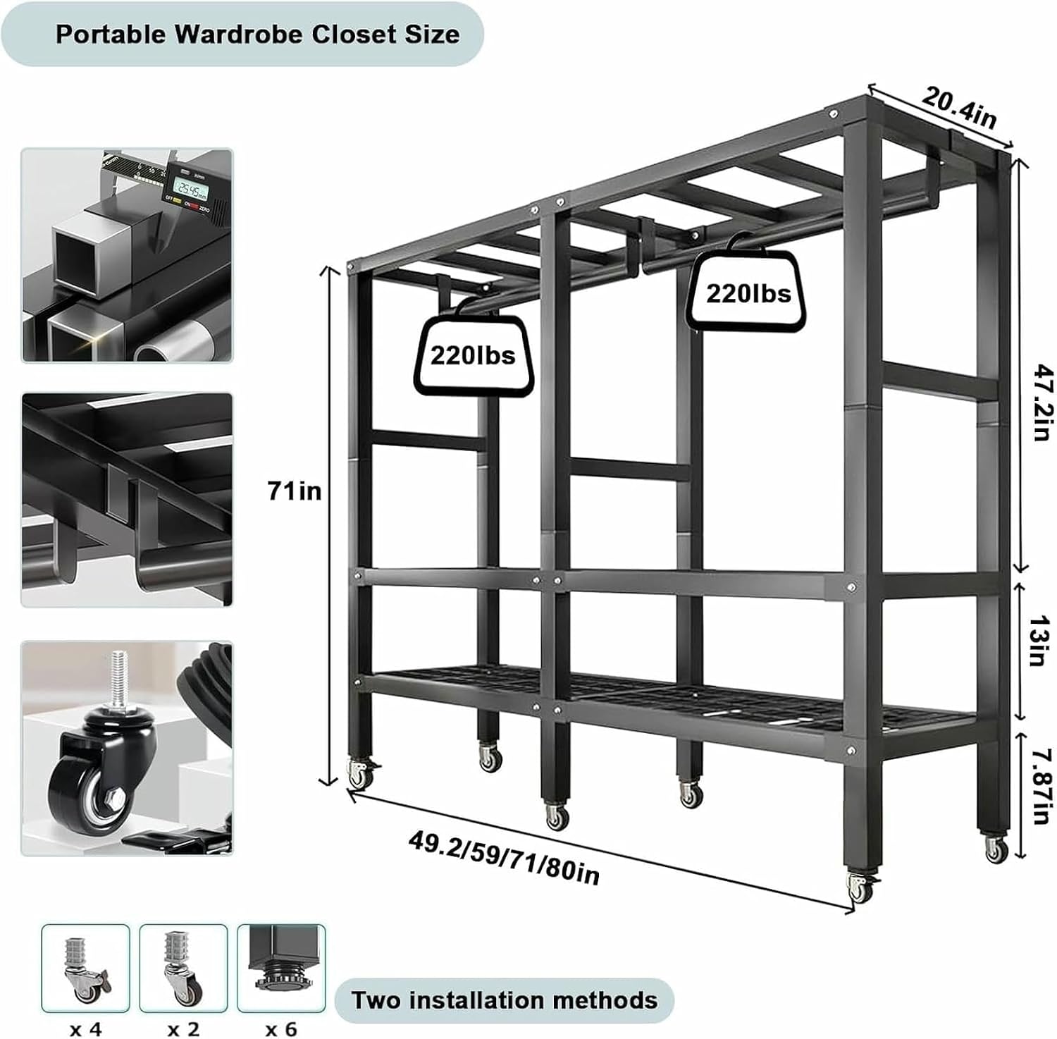 Metal Wardrobe Rack - Heavy Duty Foldable Wardrobe Closet with Cover 1200lbs Garment Rack for Hanging Clothes Covered Clothing Coat Storage Organizer