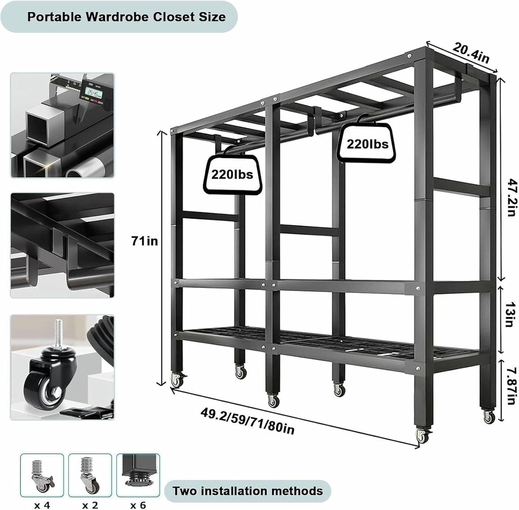 Metal Wardrobe Rack - Heavy Duty Foldable Wardrobe Closet with Cover 1200lbs Garment Rack for Hanging Clothes Covered Clothing Coat Storage Organizer