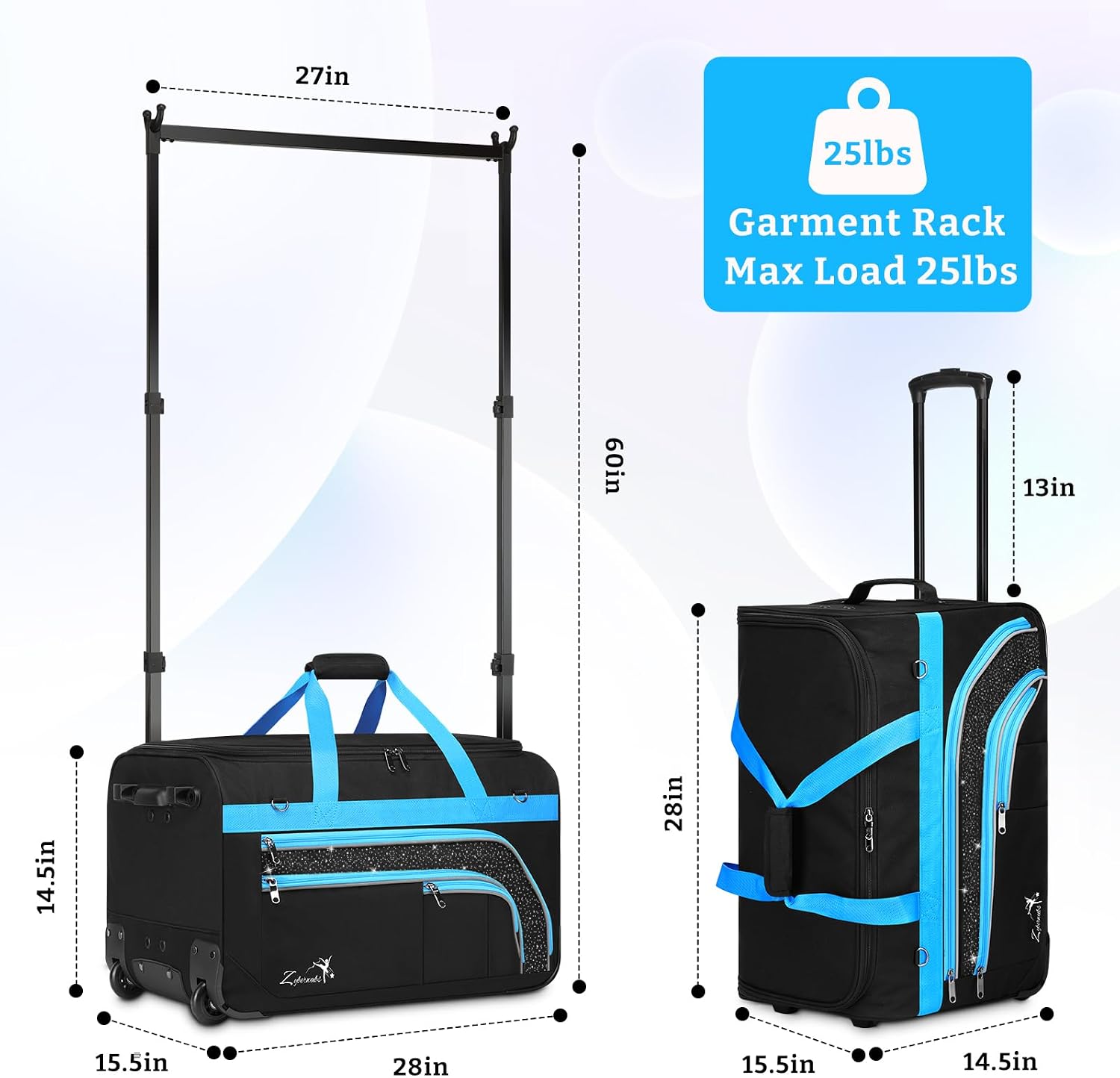 Dance Bag with Garment Rack - 28 Inch Professional Dance Competition Duffle Bag with Rack - Wheeled Dance Suitcase with Multiple Pockets for Dancers, Athlete, Travelers, and Livestreamer